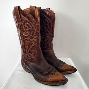 Vintage 90s Cowboy Western Boots Brown Leather Distressed Wide Calf